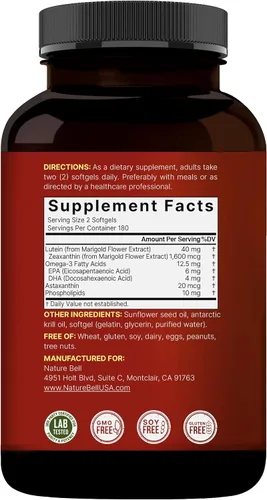 Miniatura 7 de Luteína 40mg + Zeaxantina 1,600mcg, 360 cápsulas blandas Fórmula 4-en-1 con astaxantina, Omega-3 y fosfolípidos Extracto de flor de caléndula