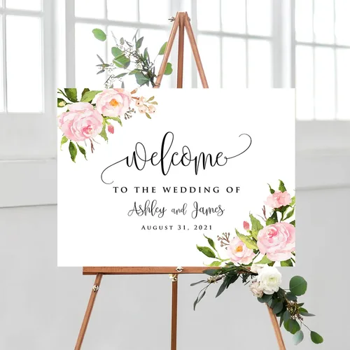 Miniatura 18 de Cartel de bienvenida de boda floral azul claro personalizado, cena de ensayo para parejas, ducha, aniversario, fiesta, póster de bienvenida, lienzo