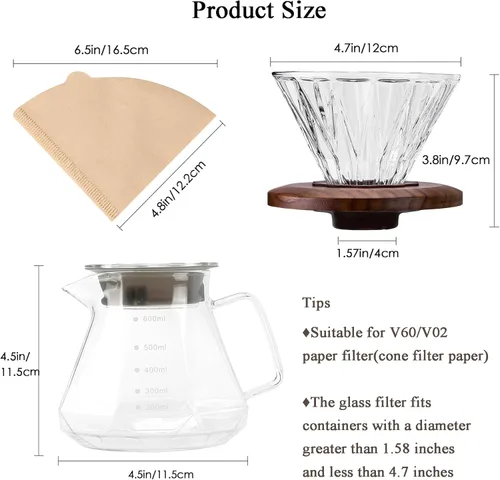 Miniatura 6 de Cafetera de Café con Filtro de Papel, 20 oz, Jarra de Vidrio de Borosilicato con 100 Filtros Tamaño 02, Mango de Nogal y Tapa de Vidrio, 600 ml