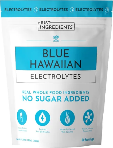 JUST INGREDIENTS Blue Hawaiian - Mezcla de bebida de electrolitos | 30 porciones | Agua de coco orgánica, espirulina y electrolitos de 5 claves |