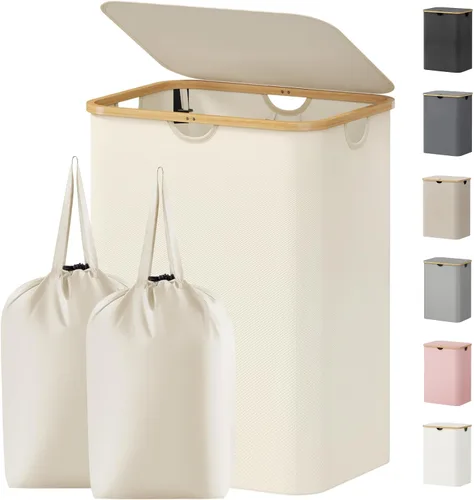 Miniatura 30 de Lifewit Cesta de ropa de 120L con tapa, cestas de ropa para lavandería con asas de bambú y una bolsa de lavandería extraíble, cesta plegable grande
