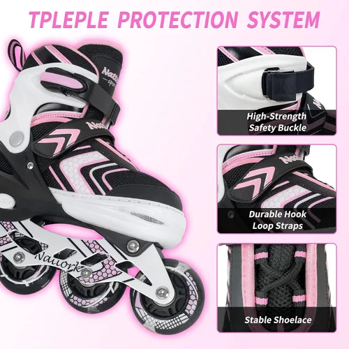 Miniatura 3 de Patines en línea NATTORK para niños, niñas y niños con ruedas completamente iluminadas, patines ajustables seguros y duraderos, patines para Rosa