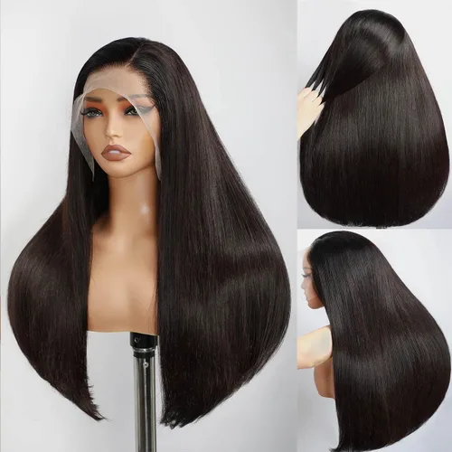 Miniatura 9 de Pelucas de cabello humano lacio con encaje frontal de hueso de 13 x 4 para mujeres negras, densidad del 200 %, peluca frontal de encaje transparente
