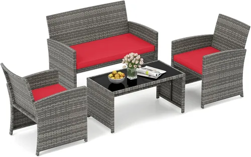 Miniatura 19 de HAPPYGRILL Juego de 4 muebles de mimbre para exteriores con mesa de centro de vidrio templado, cojines suaves, juego de sillas de ratán resistentes
