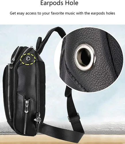 Miniatura 5 de Bolso vintage de cuero genuino de grano completo para hombres, mini pequeño tamaño mediano, con puerto de carga USB, Negro (Small-black), S