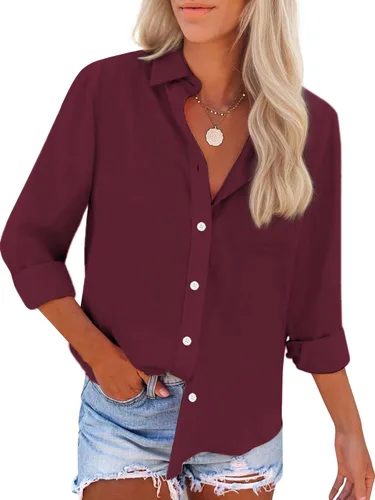 Miniatura 6 de Camisas de algodón con botones, para mujer, camisas de vestir Oxford, camisas de trabajo de manga larga, blusas con cuello y bolsillo