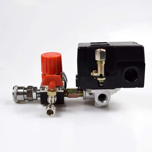Miniatura 6 de Válvula de control del interruptor de presión del compresor de aire, 90-120 PSI con regulador y manómetro, 4 puertos 1/4" NPT con válvula