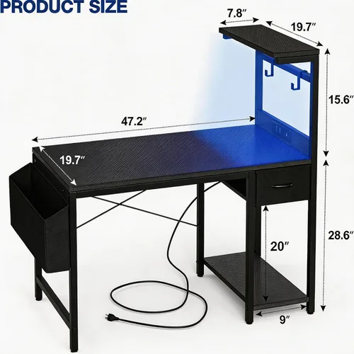 Miniatura 3 de Grandder - Escritorio de juegos de 47 pulgadas con toma de corriente y luz LED, escritorio para computadora con estantes reversibles y cajón