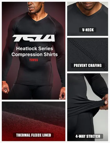 Miniatura 3 de TSLA - Camiseas térmicas de compresión de manga larga con cuello en V para hombre, ideales para usar como capa base para hacer ejercicio, correr