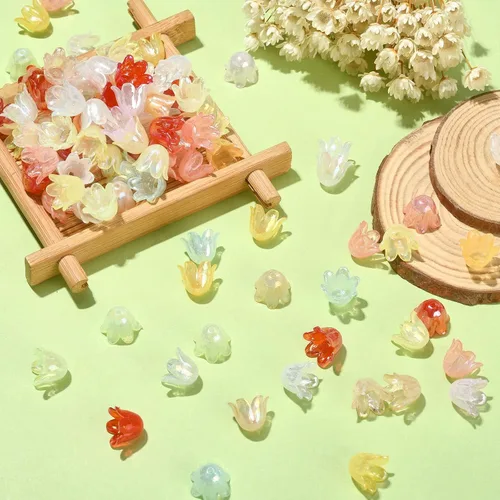 Miniatura 4 de KitBeads 300 cuentas de acrílico aleatorias de cuentas de flores coloridas iridiscentes, mini cuentas florales Kawaii Bell Flower Beads para hacer