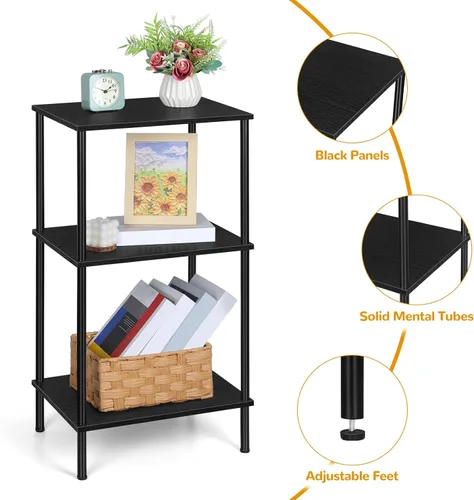 Miniatura 5 de ETELI Mesa auxiliar alta con almacenamiento de 3 niveles, mesa auxiliar negra, estantes de almacenamiento de metal para sala de estar, dormitorio