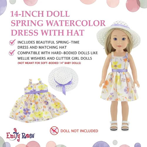 Miniatura 2 de Emily Rose Vestido de gasa de Pascua y primavera de 14 pulgadas con sombrero blanco a juego Traje de verano floral Se adapta a WellieWishers