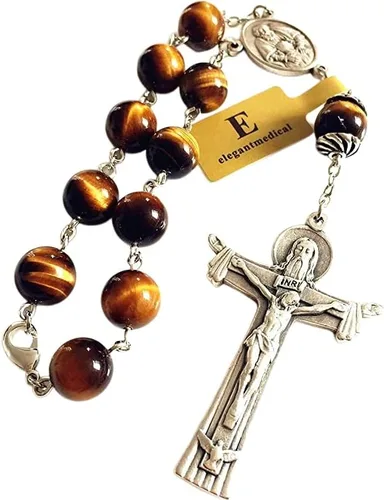 elegantmedical 10MM Tiger Eye Beads Oración Católica una década rosario pulsera cruz Regalo y caja rosario coche, Plata de ley