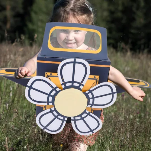 Miniatura 5 de Avión de cartón portátil para niños: disfraz de avión para niños, avión de papel DIY con ventilador giratorio, coche de cartón, divertido juego al