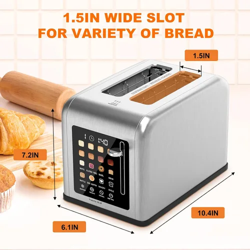 Miniatura 6 de Tostadora de 2 rebanadas con pantalla táctil, tostadoras de acero inoxidable con temporizador digital, tostadoras de 2 ranuras, 8 ajustes de sombra