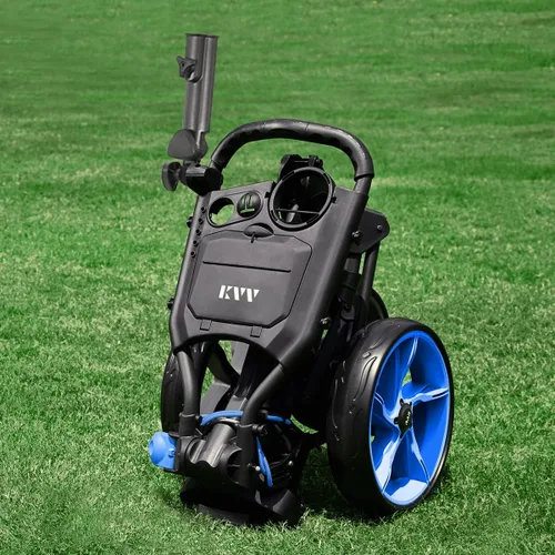 Miniatura 4 de KVV Carrito de empuje de golf de 3 ruedas ultra ligero tamaño plegable más pequeño, soporte para tarjeta de puntuación de nueva versión Negro/Azul