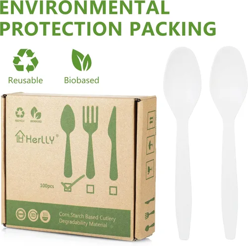 Miniatura 2 de Cuchara compostable, 100 cubiertos biodegradables para fiestas, grandes utensilios desechables ecológicos, duraderos y resistentes al calor