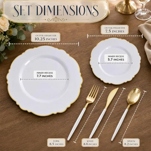 Miniatura 4 de WDF - Vajilla de plástico desechable para 30 invitados platos color oro y cubiertos color oro con mango blanco - Vajilla de plástico barroco blanco