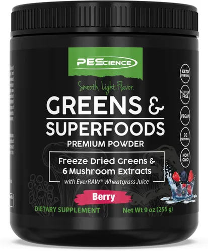 PEScience Greens Powder Superfood con clorofila natural, polvo de hongos Reishi y cola de pavo, col rizada liofilizada, espinacas, brotes de