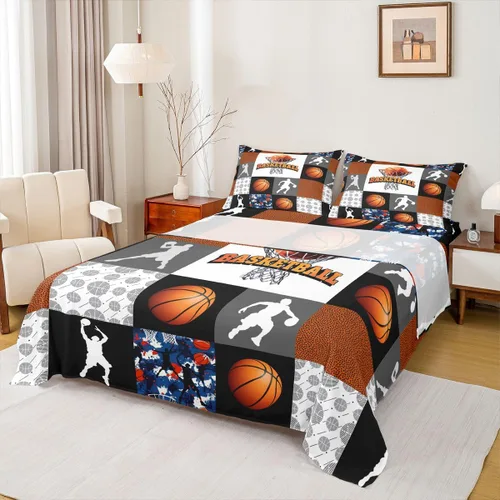 Sábanas de baloncesto tamaño matrimonial con bolsillo profundo para niños, ropa de cama deportiva, juego de sábanas para atletas de baloncesto,