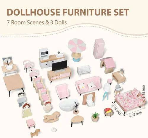Miniatura 2 de Juego de muebles de madera para casa de muñecas Pithfor, accesorios y muebles para casa de muñecas, con 7 habitaciones, 3 muñecas, incluye juego