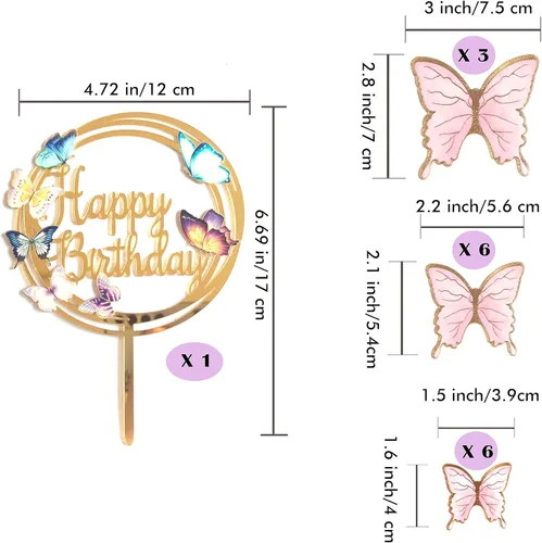 Miniatura 2 de Decoraciones para tartas de mariposas, 1 adorno grande para pastel de feliz cumpleaños y 15 piezas 3D de oro rosa rosa para cupcakes – Suministros