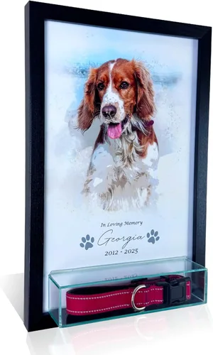 Perfect Cases Marco conmemorativo para mascotas con pantalla de collar e impresión fotográfica de 8 x 10 pulgadas y grabado personalizado..