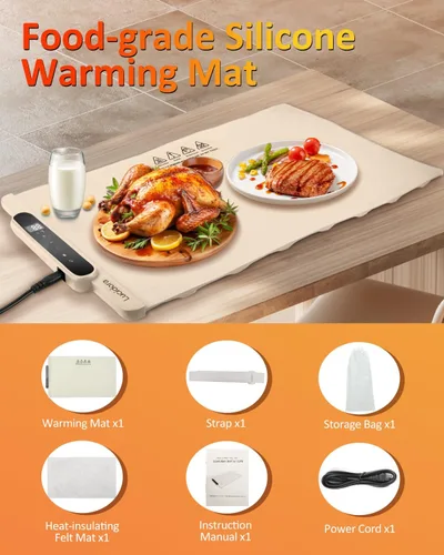 Miniatura 7 de Tapete de calentamiento de alimentos, calentador eléctrico enrollable de alimentos, 10 niveles de temperatura y temporizador de 10 horas, bandeja