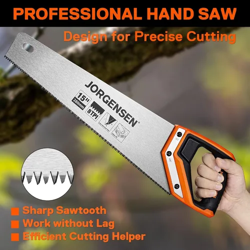 Miniatura 5 de JORGENSEN Sierra de mano profesional de 15 pulgadas, mango ergonómico de soldadura ultrasónica de aluminio antideslizante de corte fino 8 TPI