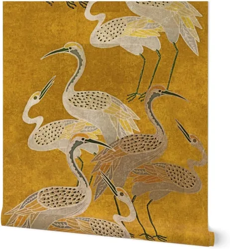 Spoonflower Papel tapiz para despegar y pegar - Grúas Art Deco Golden Birds Gold Oriental Texture Silver Papel pintado extraíble personalizado