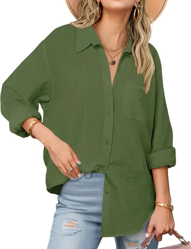 Miniatura 17 de Zeagoo - Blusas de lino con botones para mujer, de gasa, algodón, manga larga, blusas informales con cuello, corte holgado