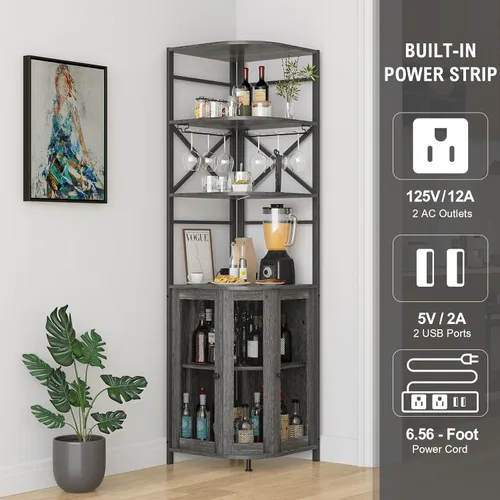Miniatura 4 de Gabinete de bar de vino con toma de corriente, gabinete de vino industrial de 6 niveles con luz LED y soporte para vidrio, gabinete de barra de Gris