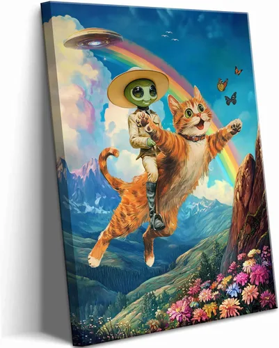 Lienzo de paisaje victoriano OVNI para pared, diseño divertido de alienígena montando un gato, cuadros eclécticos de gato, póster impreso para