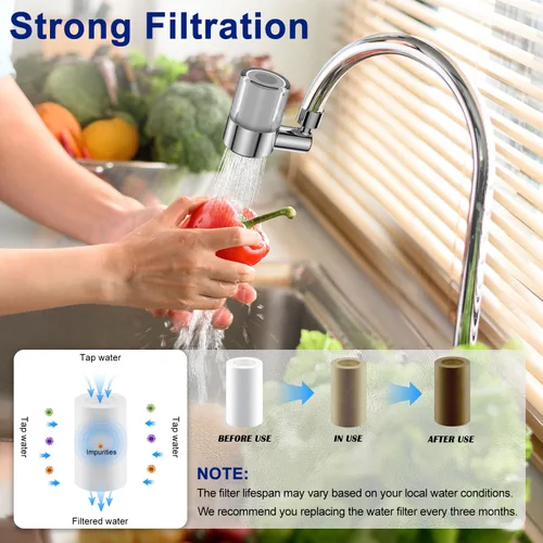 Miniatura 5 de Filtro de agua de montaje en grifo para fregadero, elimina flúor y cloro metales pesados, filtro giratorio de 720° con 2 filtros de repuesto, 2