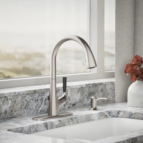 Miniatura 2 de Kohler K-R562-SD-VS Llave para cocina, funciona hacia abajo. Viene con despachador de jabón o loción. Hecha de inoxidable brilloso