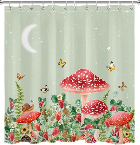 Miniatura 4 de Cortina de ducha con diseño de hongos y rana, planta verde salvia y mariposa de fresa sobre verde, cortina de ducha con ganchos, juego de cortinas