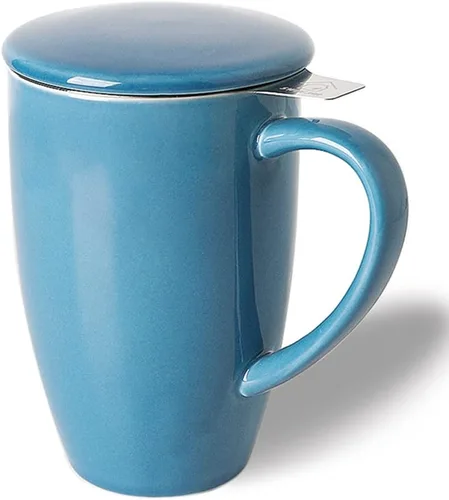Miniatura 24 de Sweejar Taza infusora de té de porcelana con tapa, taza de té de 16 onzas con coladores para té de hojas sueltas, taza de café apta para microondas