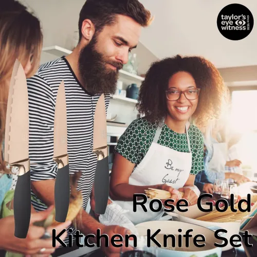 Miniatura 2 de Juego de 3 cuchillos de cocina de regalo - Brooklyn por Taylors Eye Witness. Refuerzos de color oro rosa, hojas afiladas como navajas finamente