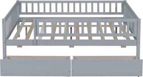 Miniatura 7 de Harper & Bright Designs Base de cama para niños de tamaño matrimonial con 2 cajones, sofá cama matrimonial de madera con valla, marco de cama