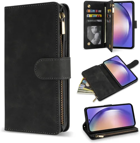 ZZXX Funda tipo cartera para Samsung Galaxy A54 5G con ranura para tarjeta de bloqueo RFID, piel sintética, con cremallera, con correa y función