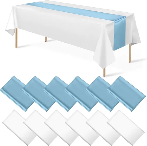 Miniatura 17 de Juego de 12 manteles de satén de 12 x 108 pulgadas y manteles de plástico de 54 x 108 pulgadas, manteles rectangulares desechables en negro y azul