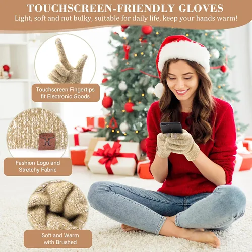 Miniatura 3 de Conjunto de bufanda larga de punto acanalado con forro polar y gorro para pantalla táctil, regalos para mujer