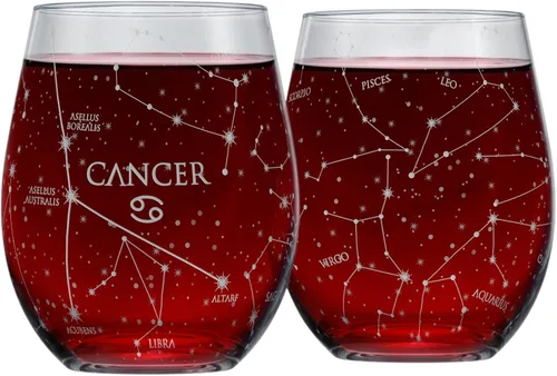 Greenline Goods Juego de copas de vino sin tallo de cáncer del zodiaco grabado a mano, 15 onzas (juego de 2) - Cristalería con signo de astrología