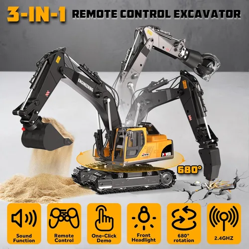Miniatura 2 de Juguetes de excavadora con control remoto, 3 en 1 con cubeta de metal/garra/taladro, gira 680° - Juguetes de construcción con luces/2
