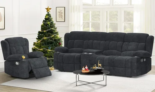 Miniatura 25 de Dresegmt - Juego de sofá reclinable con consola de almacenamiento, diseño de respaldo central abatible, sofá de piel sintética y sillón reclinable
