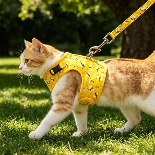 Miniatura 6 de BINGPET Arnés para gatos con correa y collar para caminar, a prueba de escapes, con correa de 59 pulgadas, arnés de chaleco suave ajustable