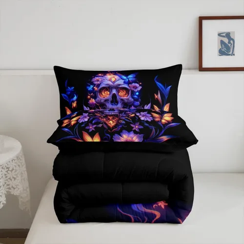 Miniatura 6 de Erosebridal Juego de ropa de cama de calavera gótica, flores mandala, mariposa hippie para niñas y niños, edredón de esqueleto de la muerte de Negro