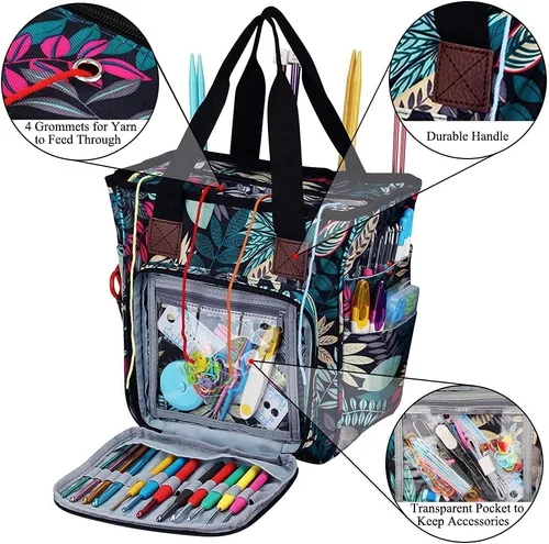 Miniatura 4 de Coopay Bolsa de ganchillo y tejer, organizador de viaje para manualidades, ganchos, agujas, madejas, pintura de diamantes, suministros (verde bosque)