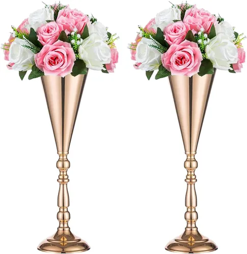 Sziqiqi Juego de 2 centros de mesa altos metálicos para mesas de recepción de boda Florero dorado con soporte Decoración de base para fiestas,