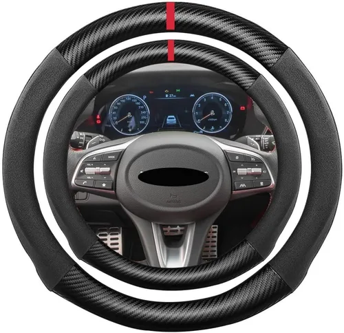 Miniatura 63 de Funda de volante de ante con fibra de carbono de K LAKEY, compatible con Porsche 718 Boxster Cayman 911 Panamera Macan Cayenne de 15 pulgadas, cuero